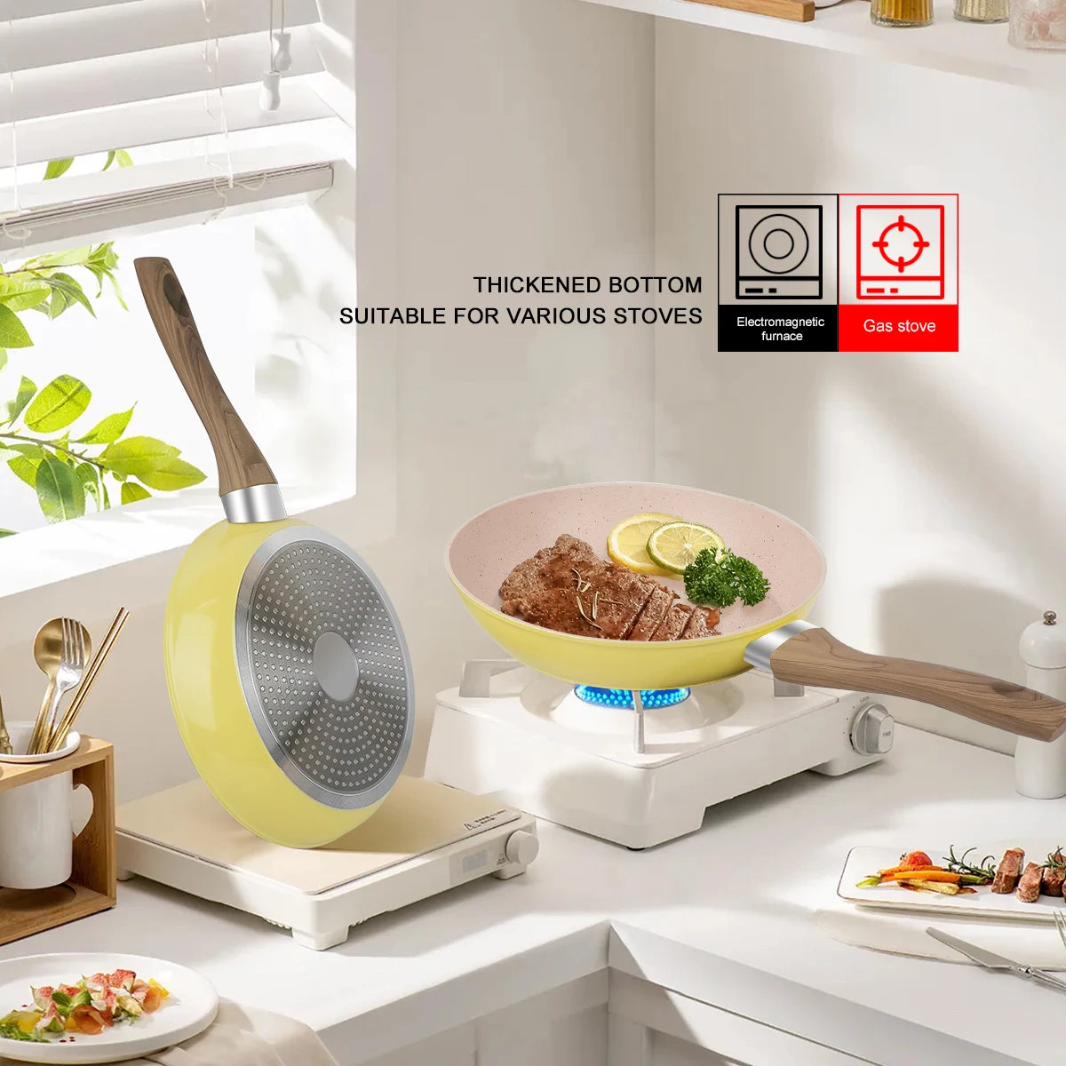 20/24/28cm Colorful Frying Pan with Wooden Handle, Nonstick Frying Pot,Pancake Omelet Pans for All Stoves, Home Kitchen Cookware