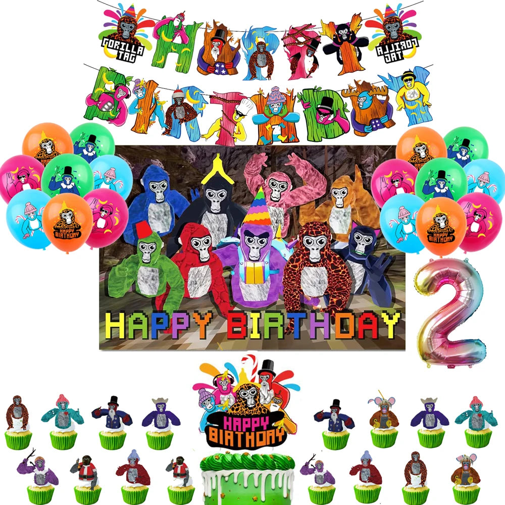 Gorilla Tag Theme Birthday Party Decoration Number Balloons Backdrop Cake Toppers Tablecloth Cup Party Supplies Baby Shower Gift