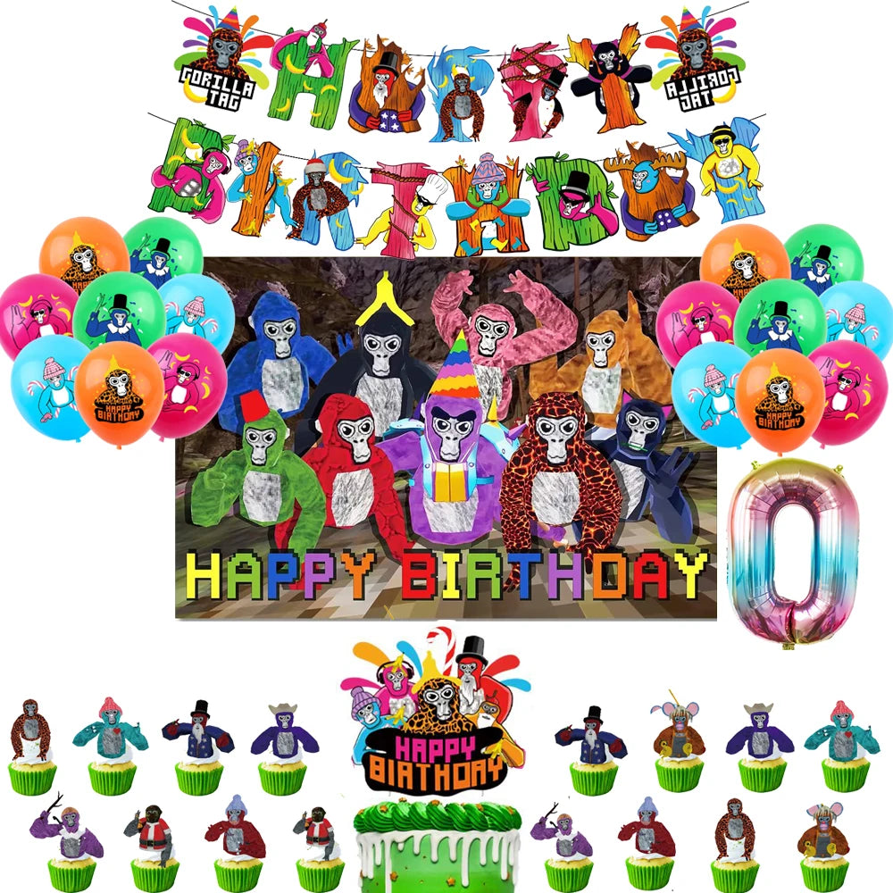 Gorilla Tag Theme Birthday Party Decoration Number Balloons Backdrop Cake Toppers Tablecloth Cup Party Supplies Baby Shower Gift