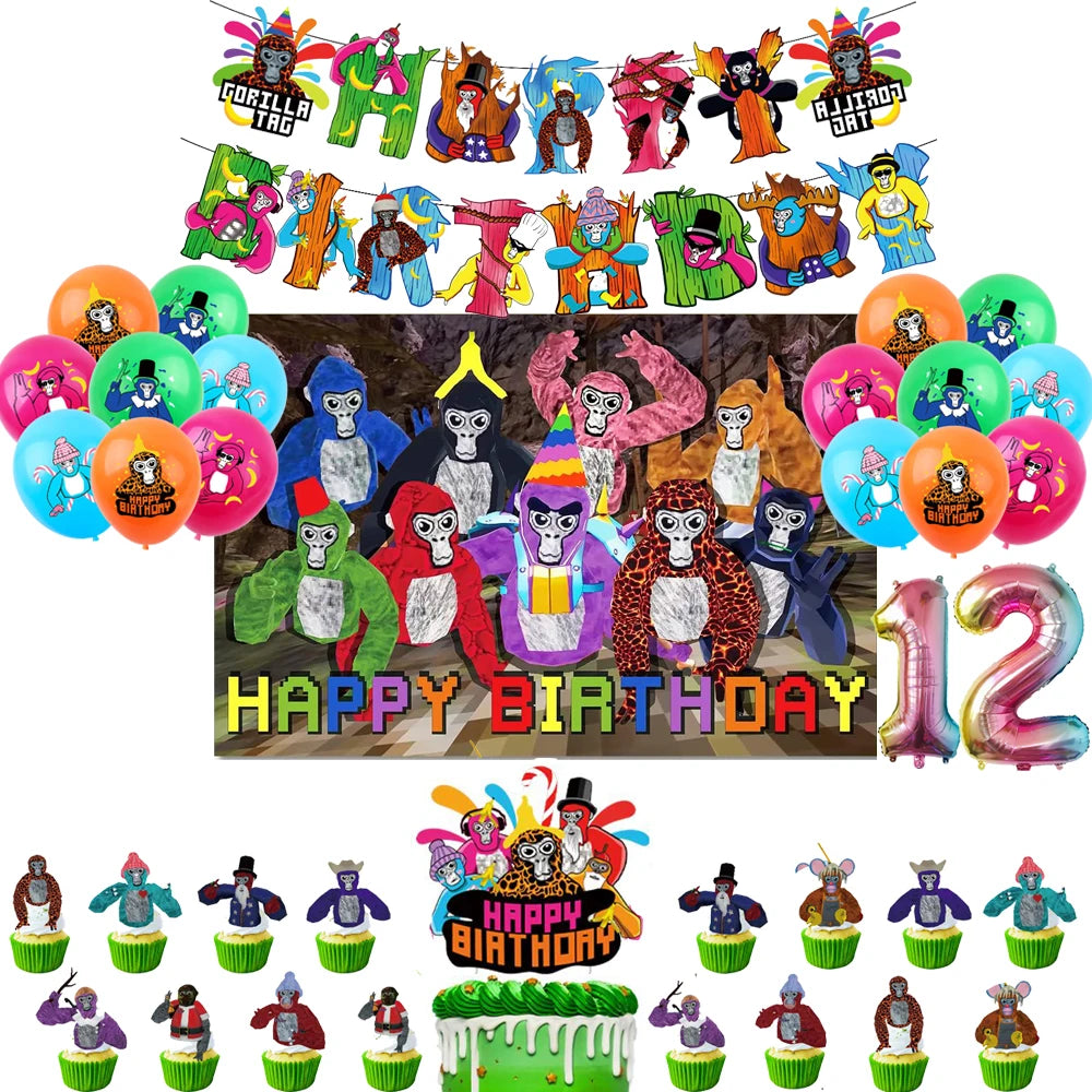 Gorilla Tag Theme Birthday Party Decoration Number Balloons Backdrop Cake Toppers Tablecloth Cup Party Supplies Baby Shower Gift