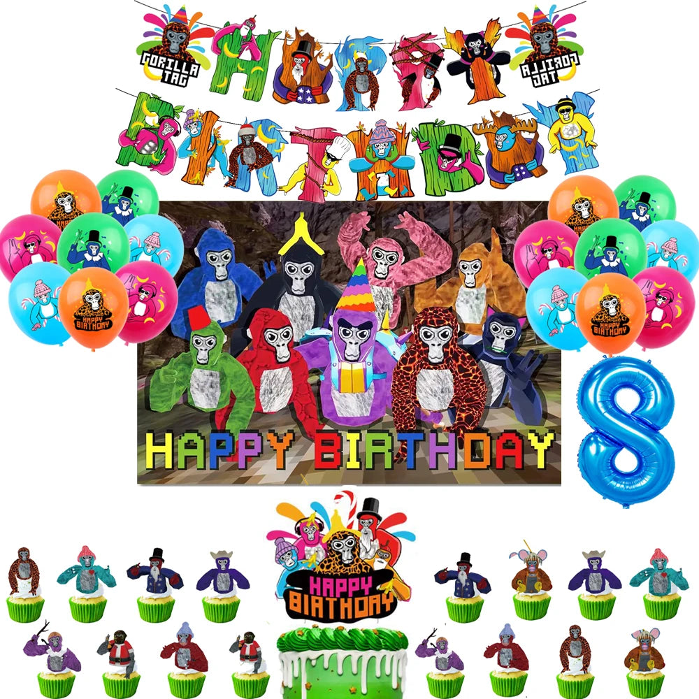 Gorilla Tag Theme Birthday Party Decoration Number Balloons Backdrop Cake Toppers Tablecloth Cup Party Supplies Baby Shower Gift