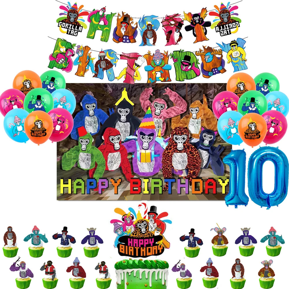 Gorilla Tag Theme Birthday Party Decoration Number Balloons Backdrop Cake Toppers Tablecloth Cup Party Supplies Baby Shower Gift