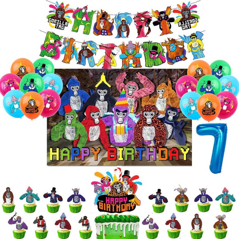 Gorilla Tag Theme Birthday Party Decoration Number Balloons Backdrop Cake Toppers Tablecloth Cup Party Supplies Baby Shower Gift