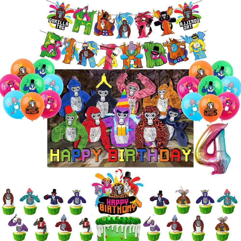 Gorilla Tag Theme Birthday Party Decoration Number Balloons Backdrop Cake Toppers Tablecloth Cup Party Supplies Baby Shower Gift