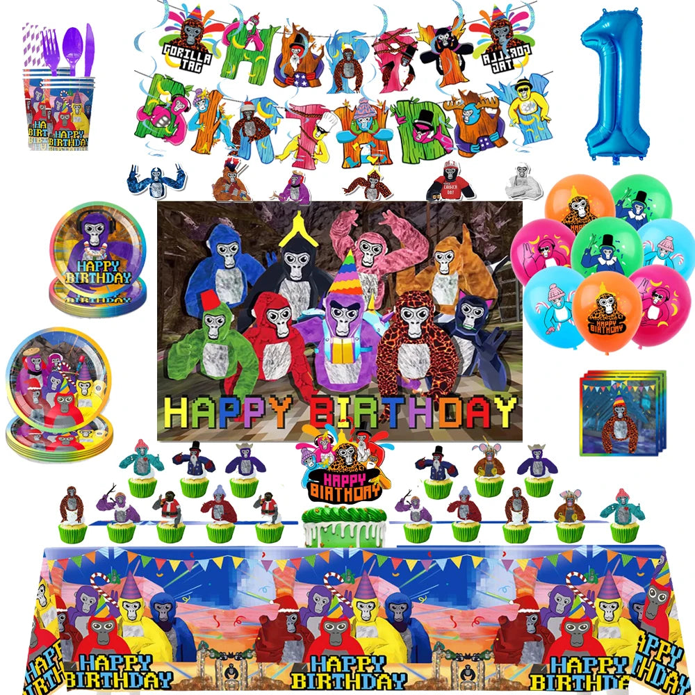 Gorilla Tag Theme Birthday Party Decoration Number Balloons Backdrop Cake Toppers Tablecloth Cup Party Supplies Baby Shower Gift