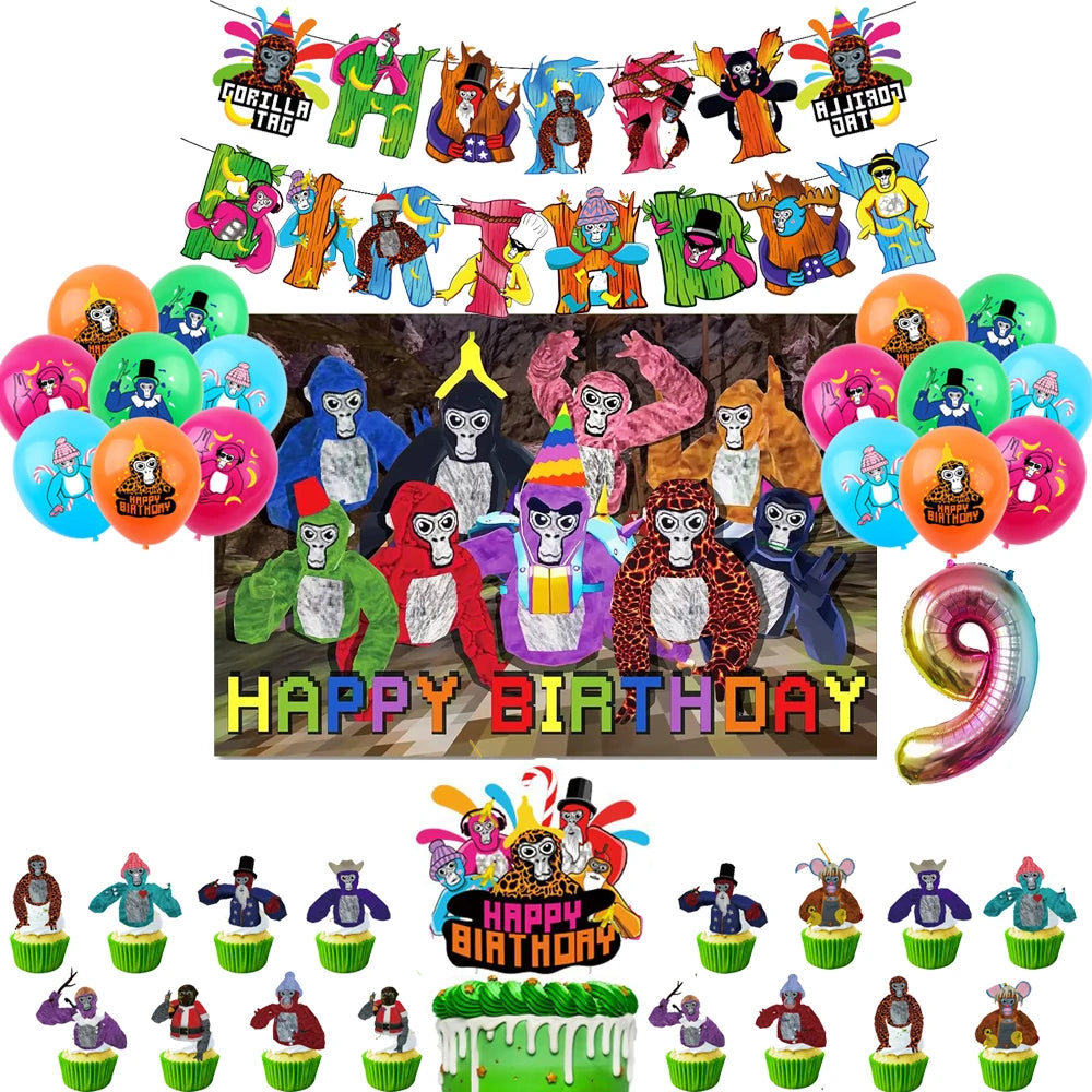 Gorilla Tag Theme Birthday Party Decoration Number Balloons Backdrop Cake Toppers Tablecloth Cup Party Supplies Baby Shower Gift