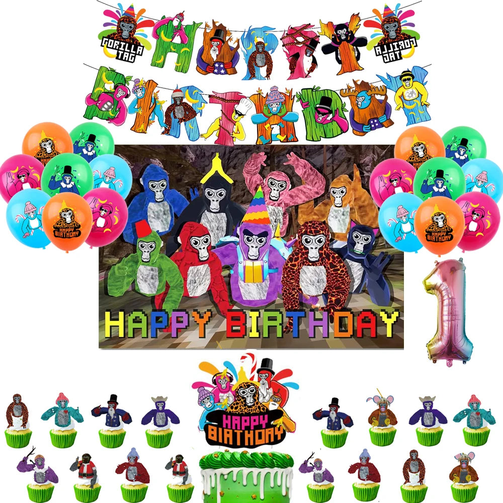 Gorilla Tag Theme Birthday Party Decoration Number Balloons Backdrop Cake Toppers Tablecloth Cup Party Supplies Baby Shower Gift