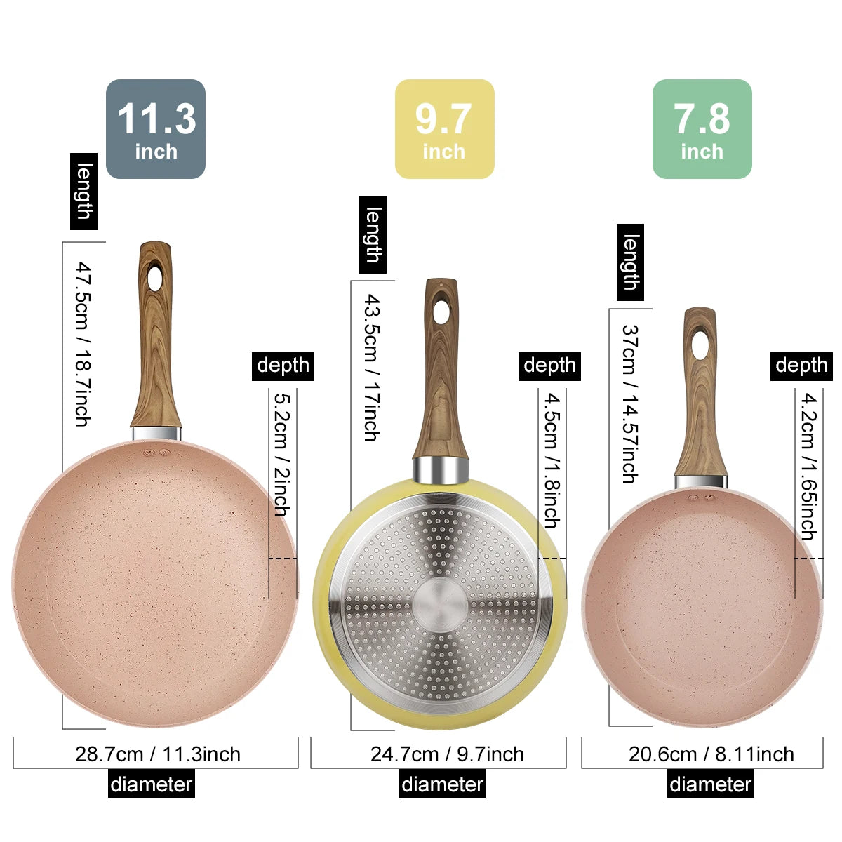 20/24/28cm Colorful Frying Pan with Wooden Handle, Nonstick Frying Pot,Pancake Omelet Pans for All Stoves, Home Kitchen Cookware