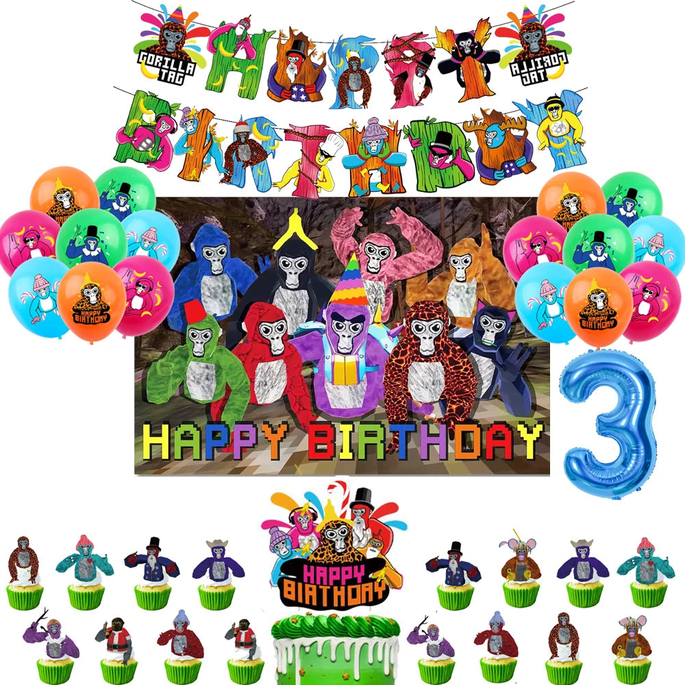 Gorilla Tag Theme Birthday Party Decoration Number Balloons Backdrop Cake Toppers Tablecloth Cup Party Supplies Baby Shower Gift
