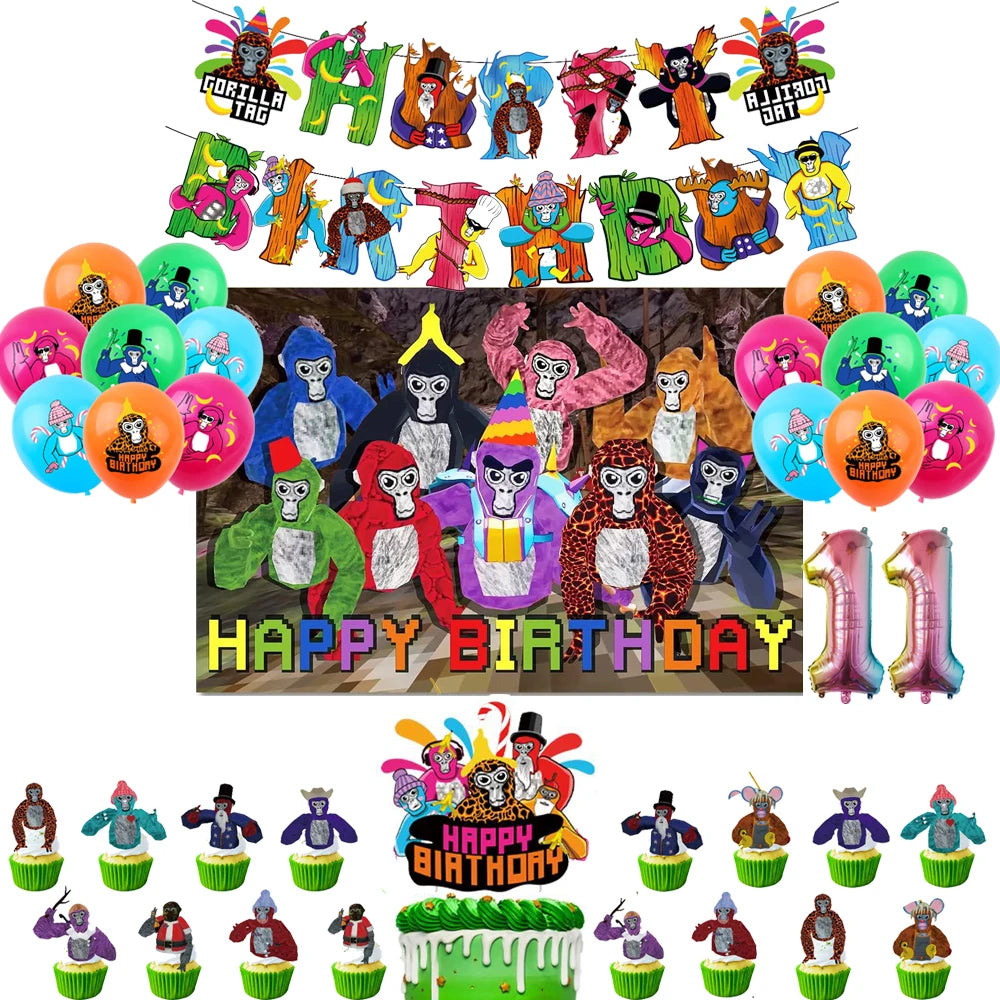 Gorilla Tag Theme Birthday Party Decoration Number Balloons Backdrop Cake Toppers Tablecloth Cup Party Supplies Baby Shower Gift