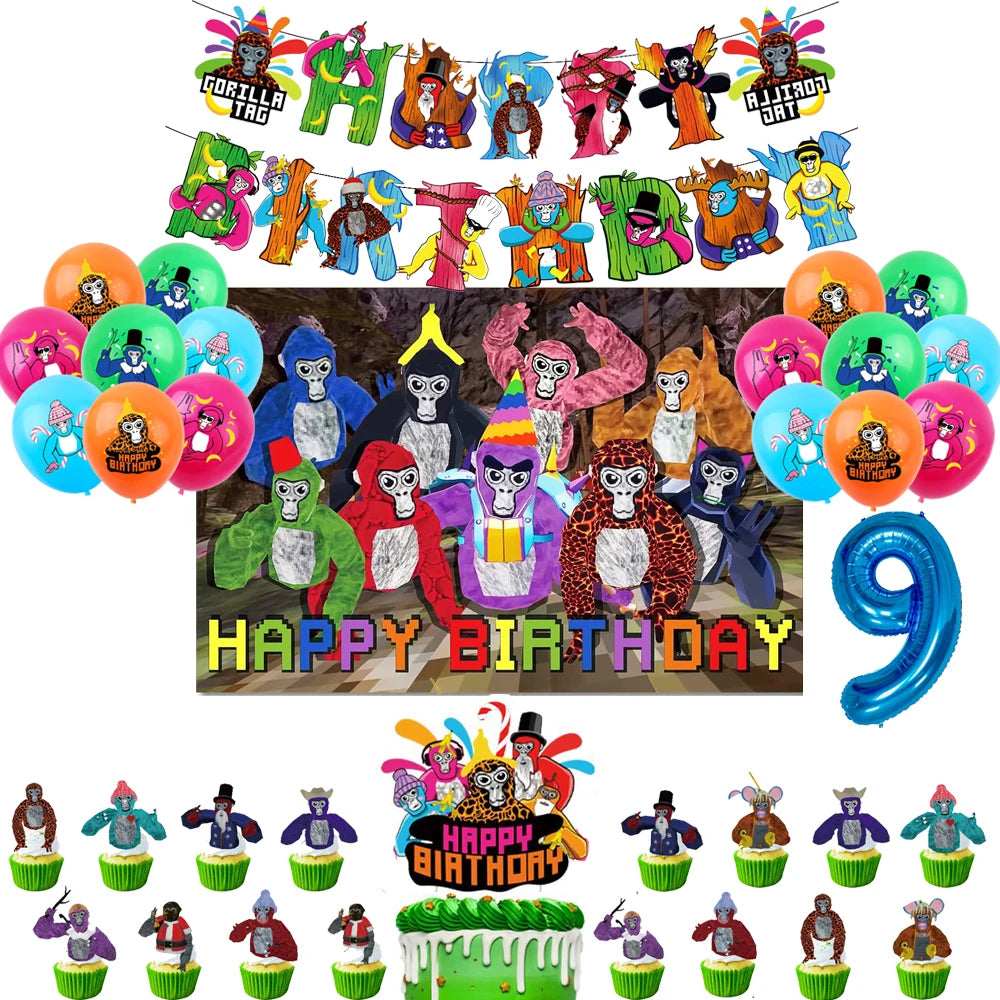 Gorilla Tag Theme Birthday Party Decoration Number Balloons Backdrop Cake Toppers Tablecloth Cup Party Supplies Baby Shower Gift