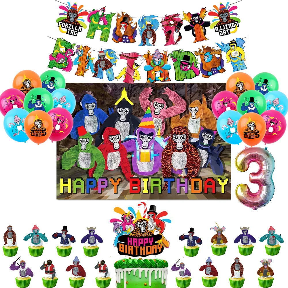 Gorilla Tag Theme Birthday Party Decoration Number Balloons Backdrop Cake Toppers Tablecloth Cup Party Supplies Baby Shower Gift