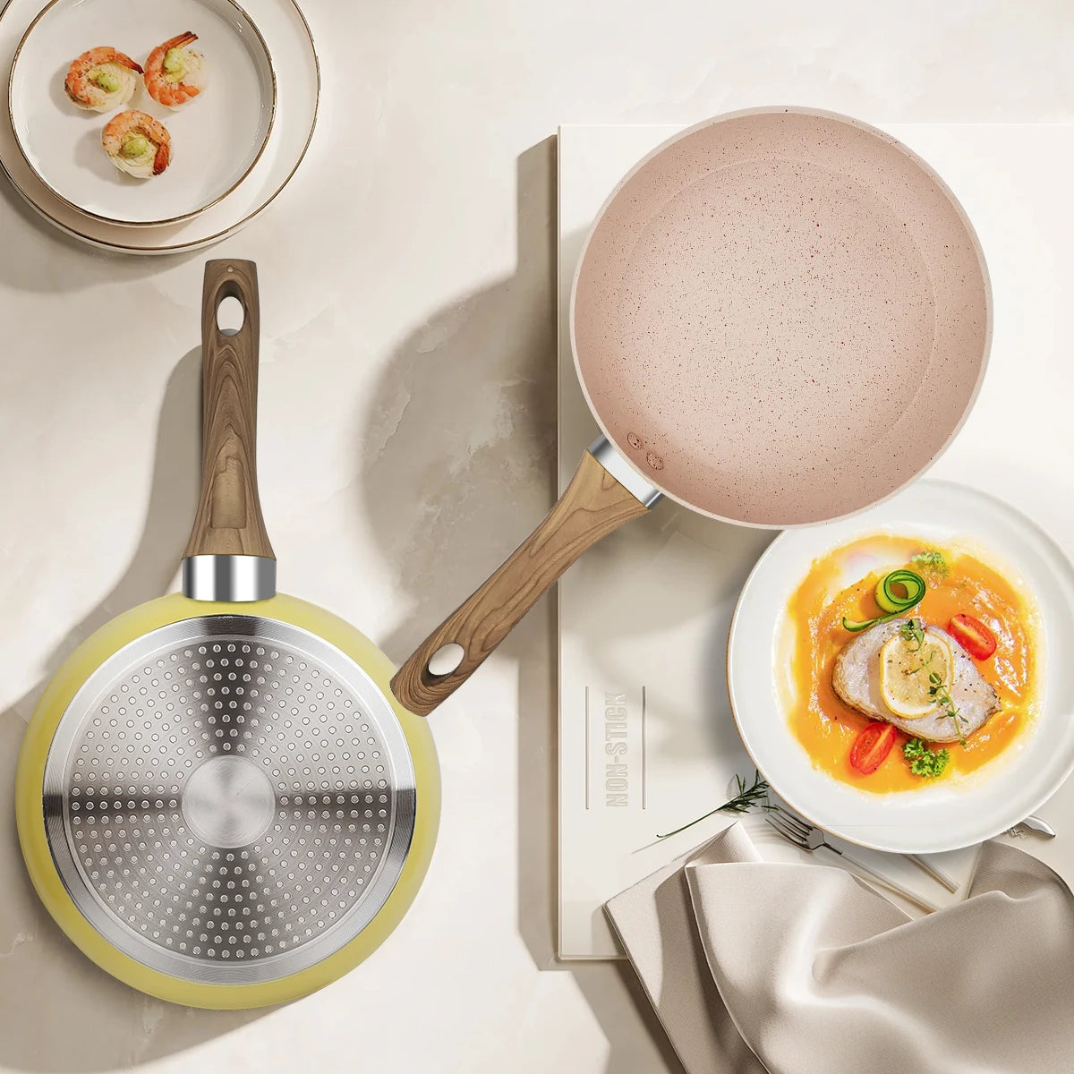 20/24/28cm Colorful Frying Pan with Wooden Handle, Nonstick Frying Pot,Pancake Omelet Pans for All Stoves, Home Kitchen Cookware