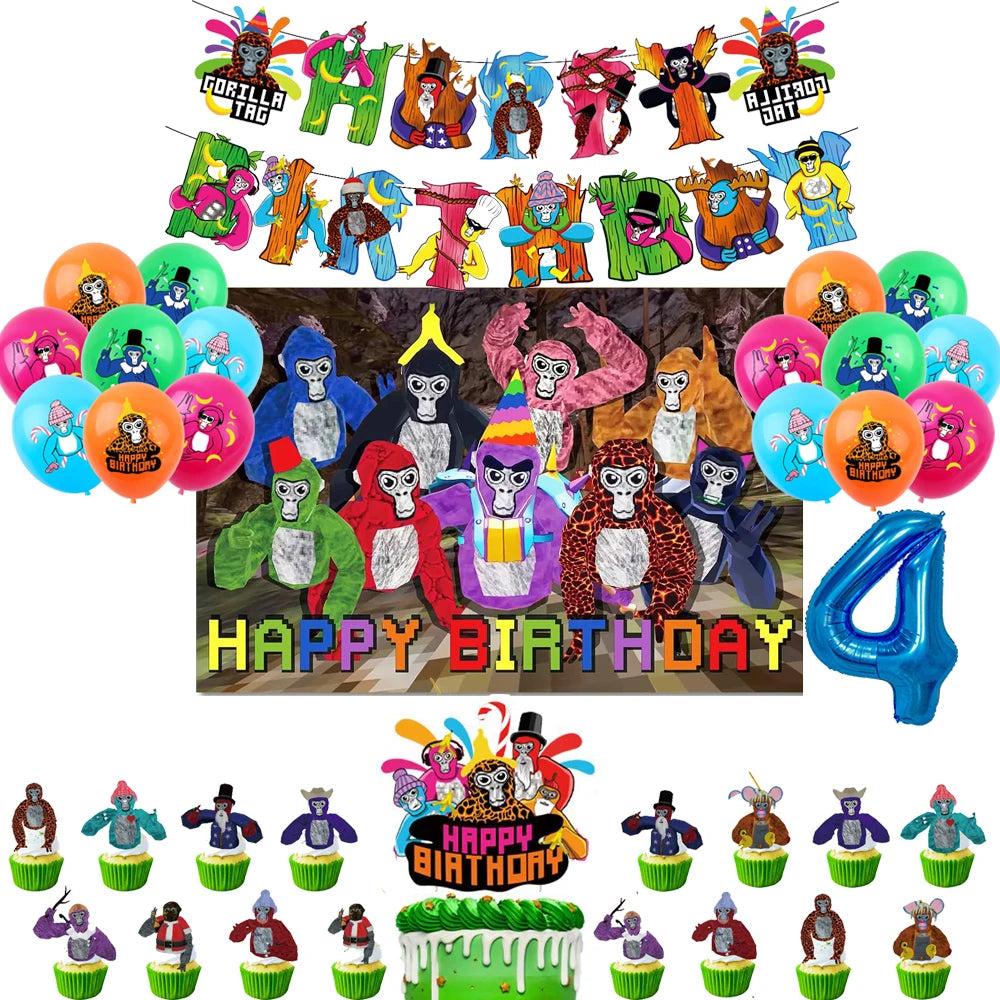 Gorilla Tag Theme Birthday Party Decoration Number Balloons Backdrop Cake Toppers Tablecloth Cup Party Supplies Baby Shower Gift