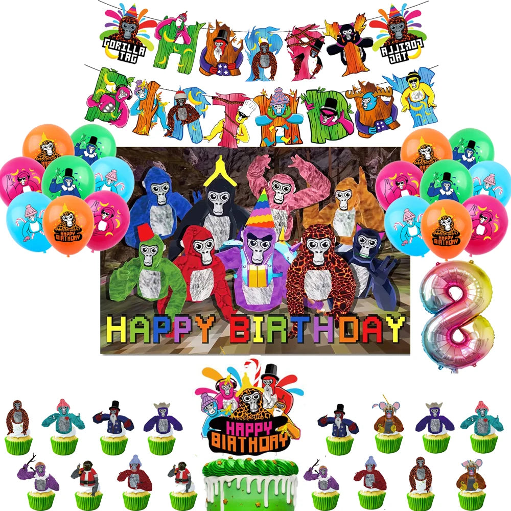 Gorilla Tag Theme Birthday Party Decoration Number Balloons Backdrop Cake Toppers Tablecloth Cup Party Supplies Baby Shower Gift
