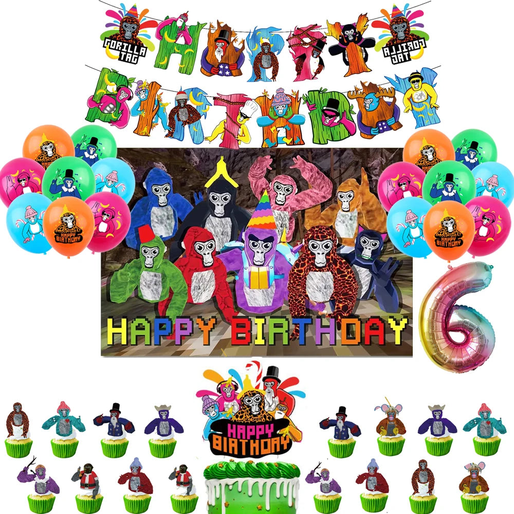 Gorilla Tag Theme Birthday Party Decoration Number Balloons Backdrop Cake Toppers Tablecloth Cup Party Supplies Baby Shower Gift