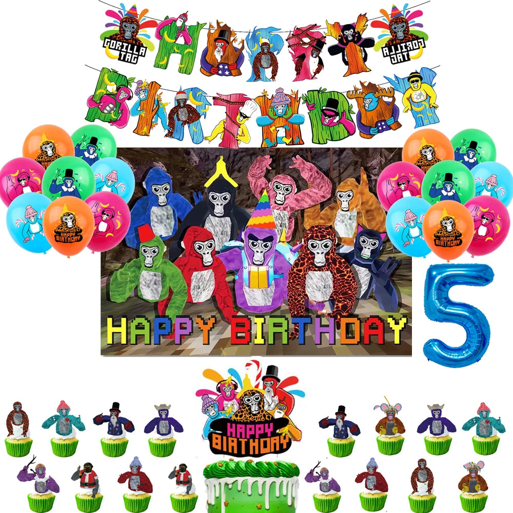 Gorilla Tag Theme Birthday Party Decoration Number Balloons Backdrop Cake Toppers Tablecloth Cup Party Supplies Baby Shower Gift