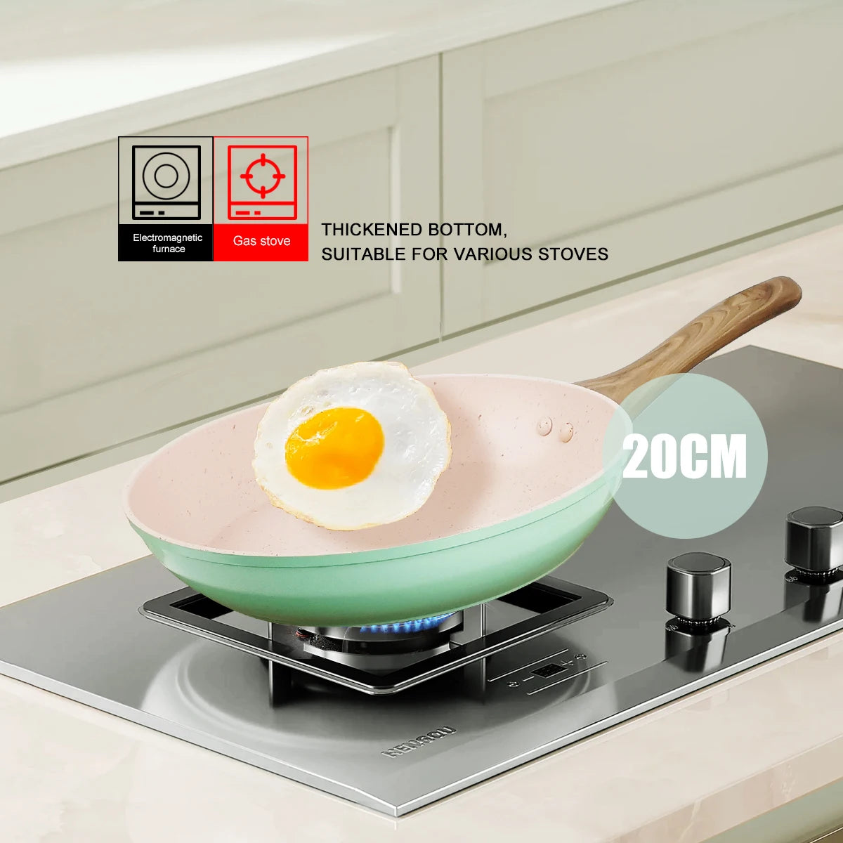 20/24/28cm Colorful Frying Pan with Wooden Handle, Nonstick Frying Pot,Pancake Omelet Pans for All Stoves, Home Kitchen Cookware
