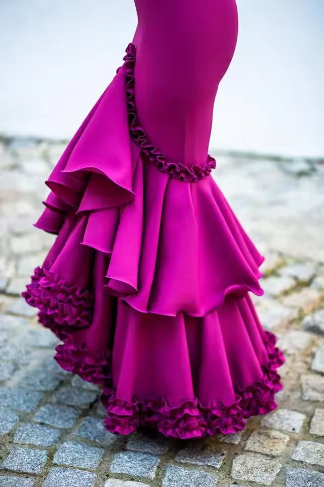 Ivory Mermaid  Prom Dresses Flamenca Formal Dance Dresses Fairy Long Sleeve Polka Dots Illusion Mesh Evening Dress Customized