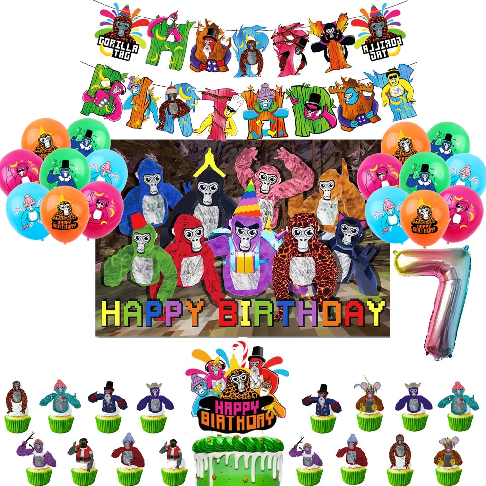 Gorilla Tag Theme Birthday Party Decoration Number Balloons Backdrop Cake Toppers Tablecloth Cup Party Supplies Baby Shower Gift