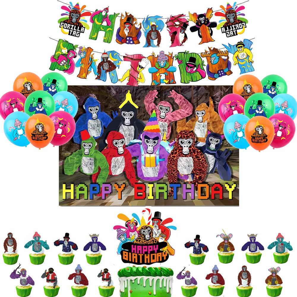 Gorilla Tag Theme Birthday Party Decoration Number Balloons Backdrop Cake Toppers Tablecloth Cup Party Supplies Baby Shower Gift