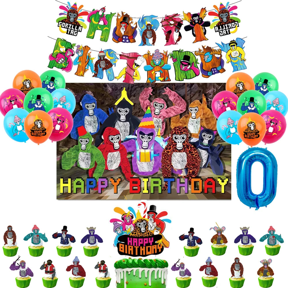 Gorilla Tag Theme Birthday Party Decoration Number Balloons Backdrop Cake Toppers Tablecloth Cup Party Supplies Baby Shower Gift