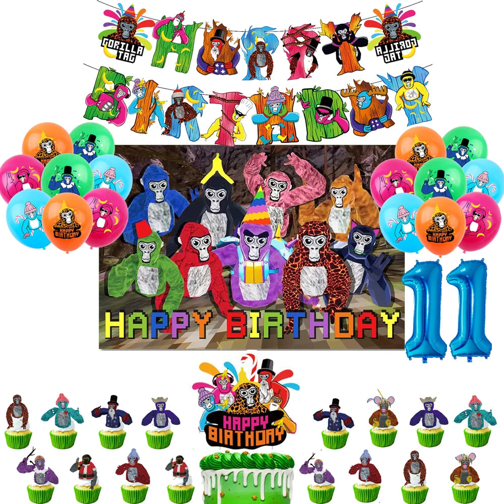 Gorilla Tag Theme Birthday Party Decoration Number Balloons Backdrop Cake Toppers Tablecloth Cup Party Supplies Baby Shower Gift