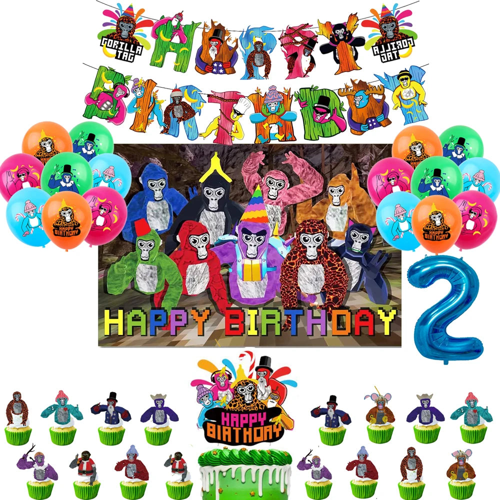 Gorilla Tag Theme Birthday Party Decoration Number Balloons Backdrop Cake Toppers Tablecloth Cup Party Supplies Baby Shower Gift