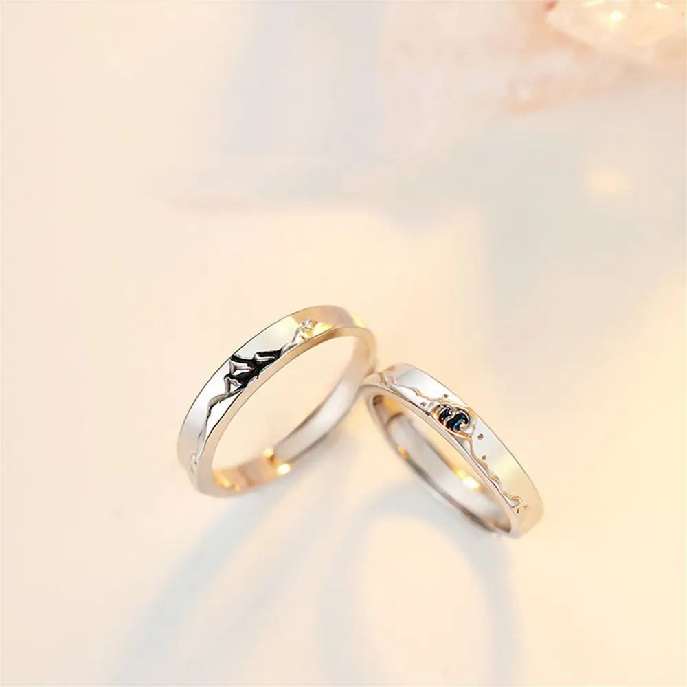 Fashion Couple S925 Silver Plated Personality Epoxy Mountain and Sea Adjustable Rings Love Anniversary Gift