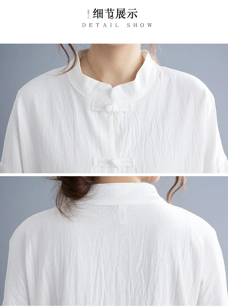 Traditional Chinese Clothing for Women Spring Autumn Cotton Long Sleeve Single-breasted Loose Top Meditation Tea Clothes