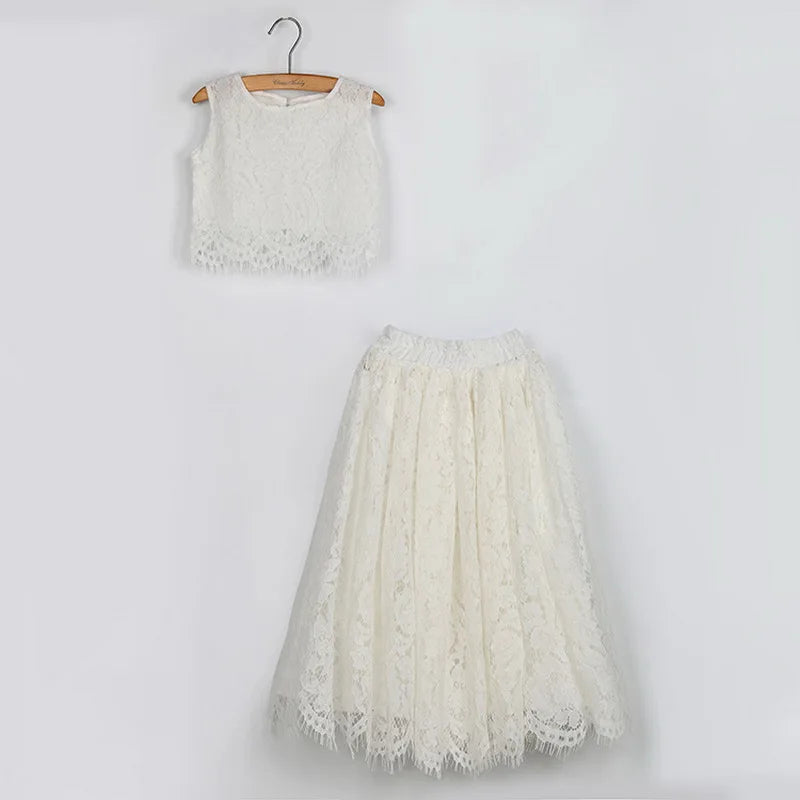 Children Set Clothing for Girls Half Sleeve Lace Top+Champagne Pink Long Skirt Kids Clothes 0-10T E17121