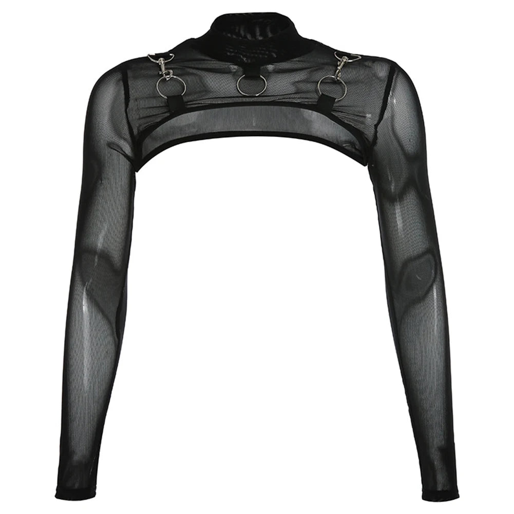 Summer Sexy Mesh See Through T-Shirts Black O-Neck Long Sleeve  Turtleneck Sheer Transparent Short Crop Tops Sexy Club Party Top