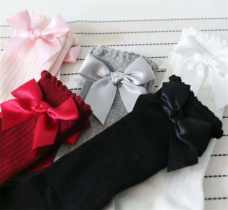Children's Socks for Girls Big Bow Knee Long Socks For Kids Spring Autumn Princess Baby Solid Soft Elegant Cotton Sock 0-7Years