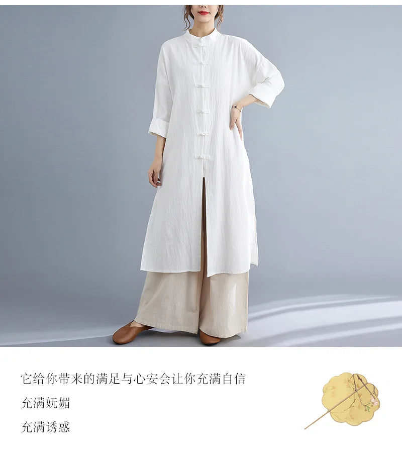 Traditional Chinese Clothing for Women Spring Autumn Cotton Long Sleeve Single-breasted Loose Top Meditation Tea Clothes