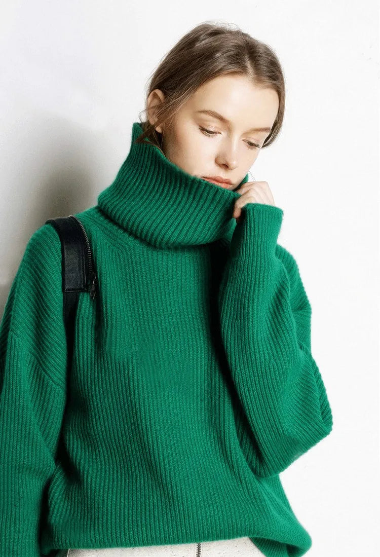 DY Wool Women's Sweater Autumn Winter Warm Turtlenecks Casual Loose Oversized Lady Sweaters Knitted Pullover Top Pull Femme