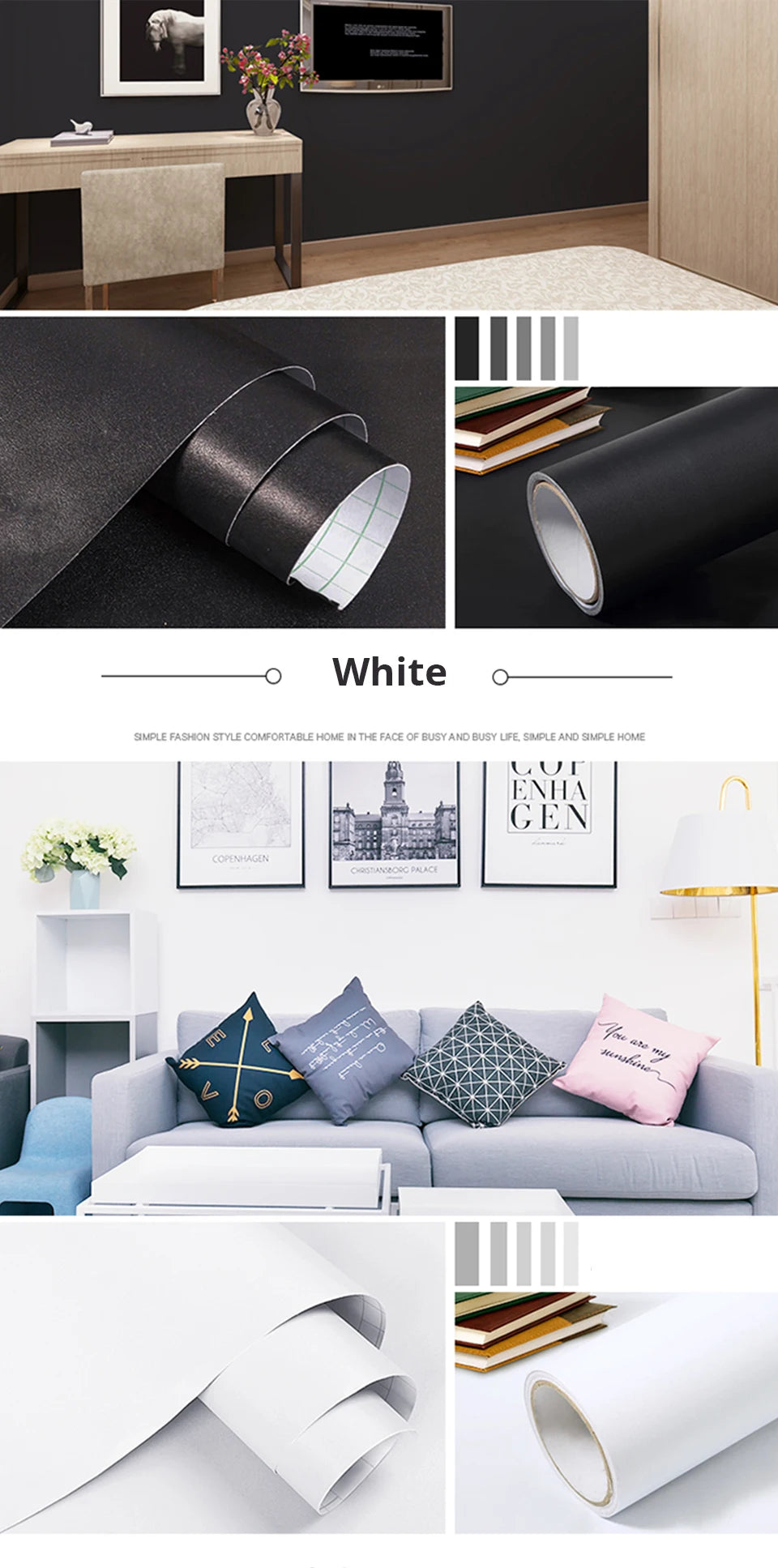 DIY Contact Paper Kitchen Stickers Solid Color PVC Self-adhesive  Home Decorative Marble Wallpaper Living room Study Furnitures