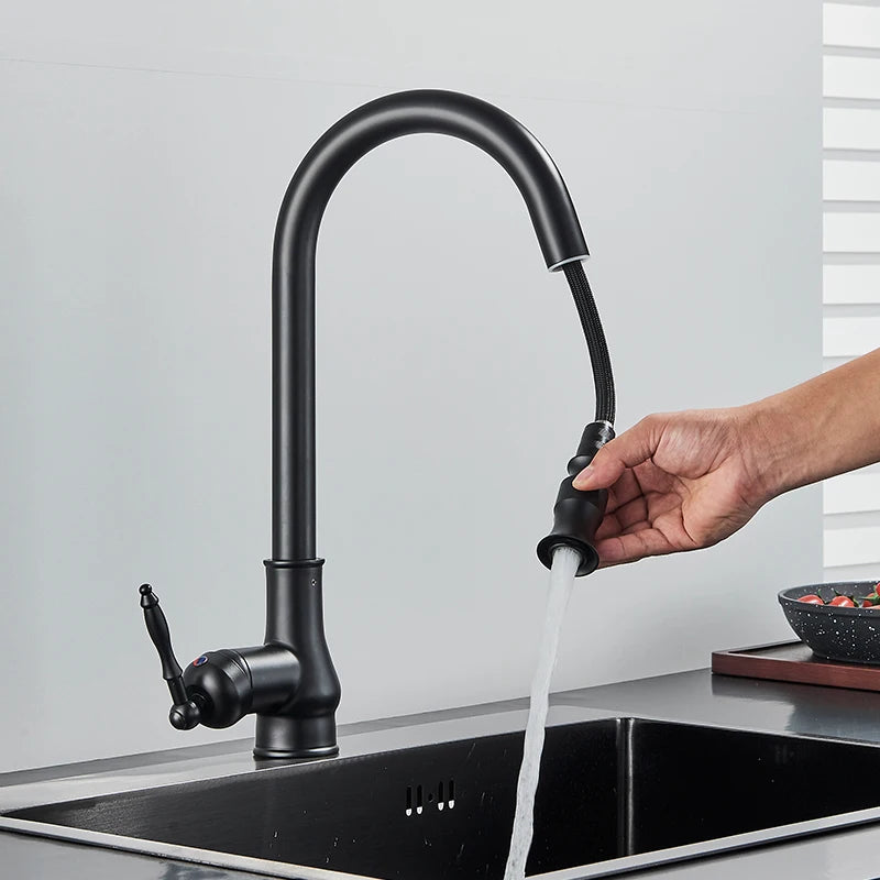 Antique Brass Kitchen Faucet Pull Out Kitchen Sink Faucet Single Handle Faucet 360 Rotate Kitchen Tap Hot Cold Water Mixer Crane
