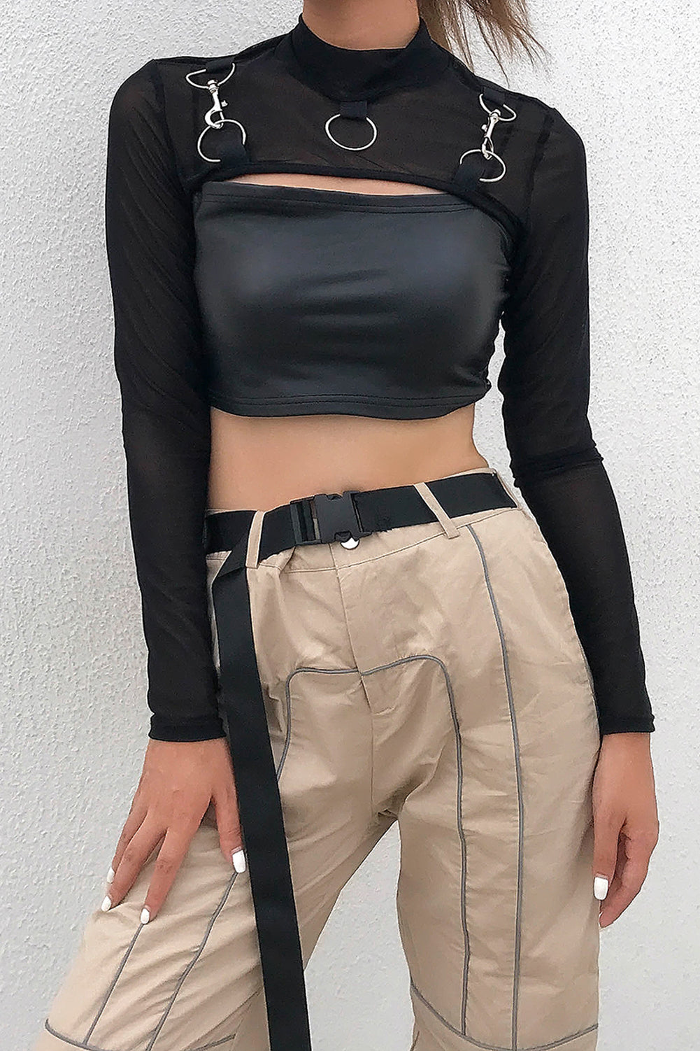 Summer Sexy Mesh See Through T-Shirts Black O-Neck Long Sleeve  Turtleneck Sheer Transparent Short Crop Tops Sexy Club Party Top
