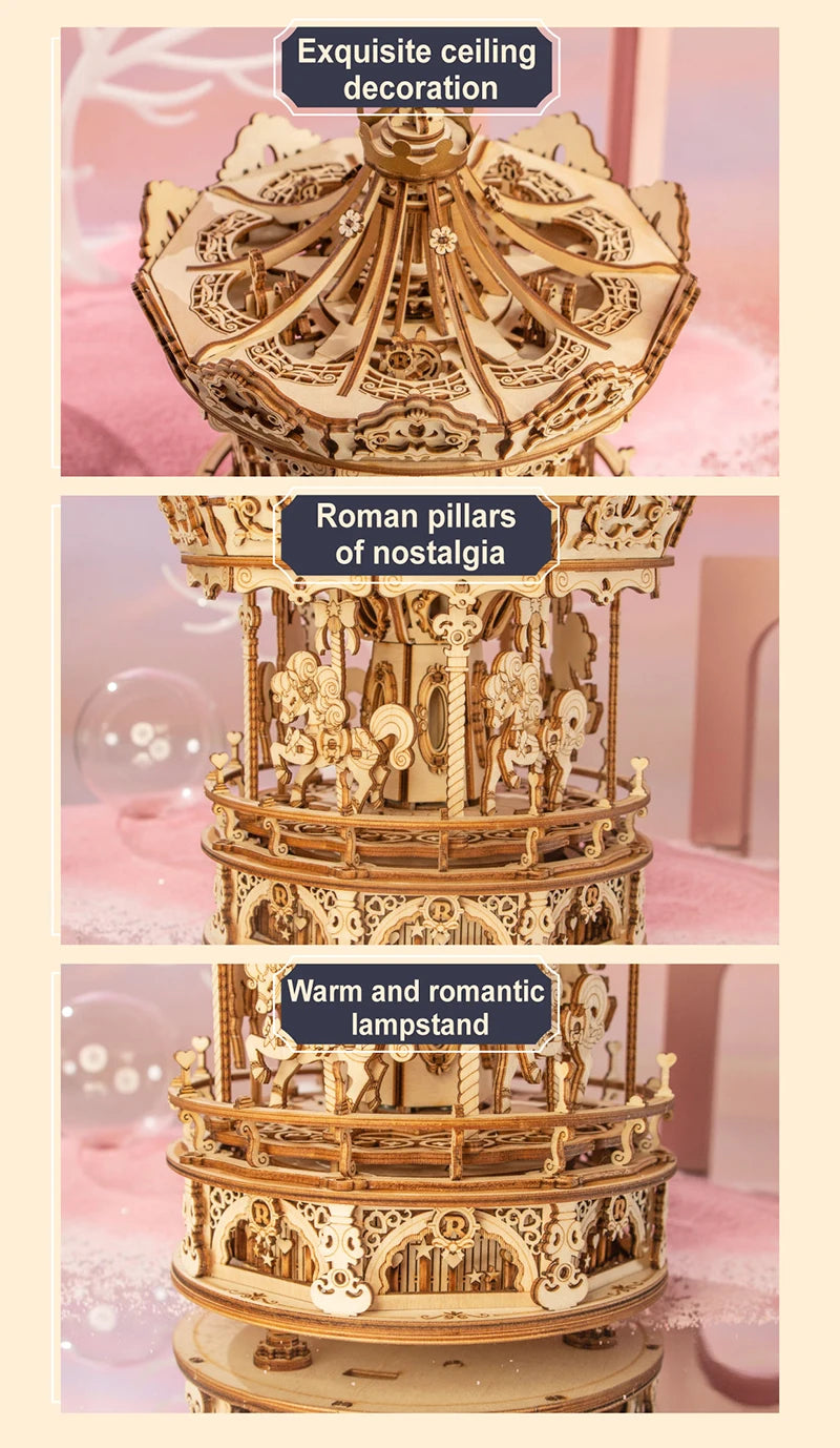 Robotime 3D Wooden Puzzle 336pcs Rotatable DIY Romantic Carousel Game Gift for Children Kids Adult AMK62 Assembly Music Box Toy