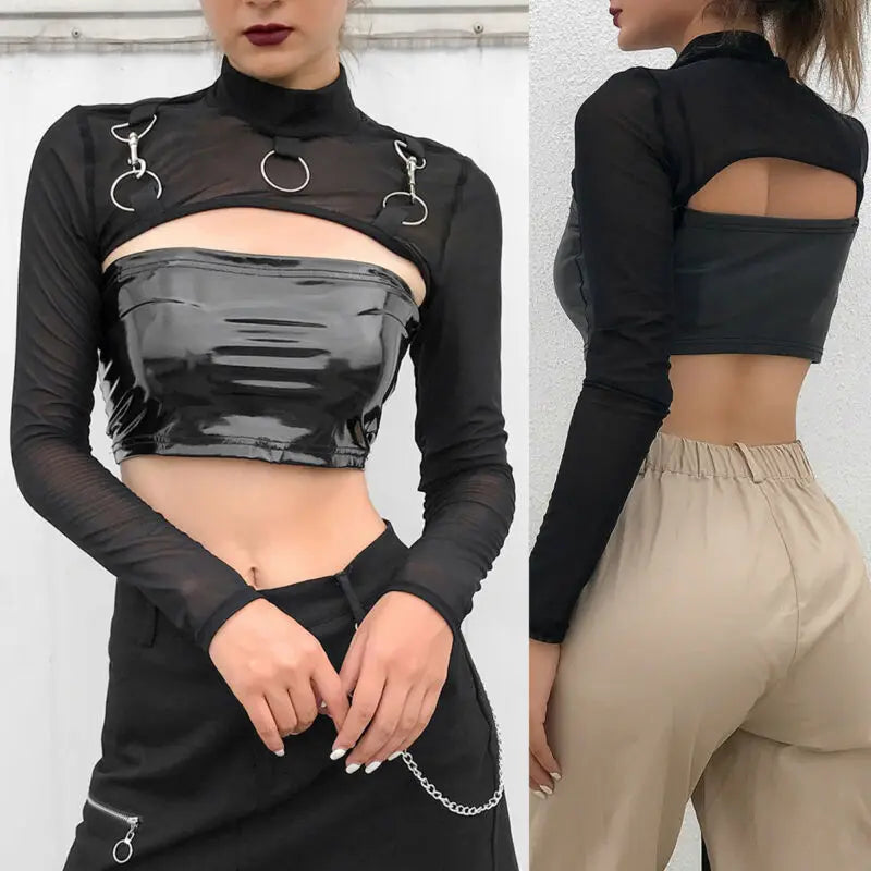 Summer Sexy Mesh See Through T-Shirts Black O-Neck Long Sleeve  Turtleneck Sheer Transparent Short Crop Tops Sexy Club Party Top