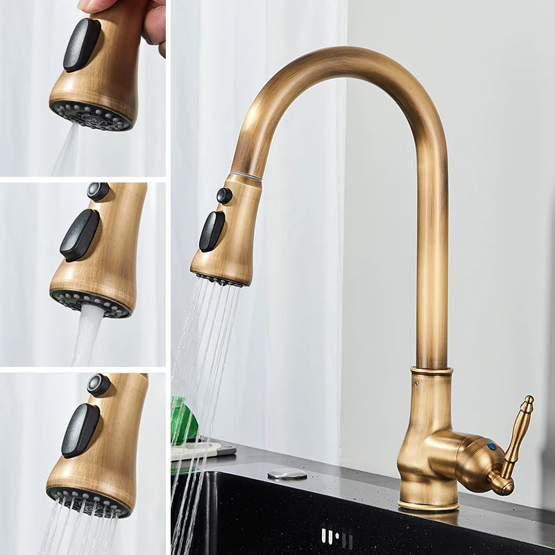 Antique Brass Kitchen Faucet Pull Out Kitchen Sink Faucet Single Handle Faucet 360 Rotate Kitchen Tap Hot Cold Water Mixer Crane