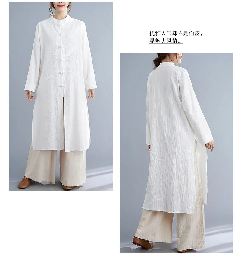 Traditional Chinese Clothing for Women Spring Autumn Cotton Long Sleeve Single-breasted Loose Top Meditation Tea Clothes