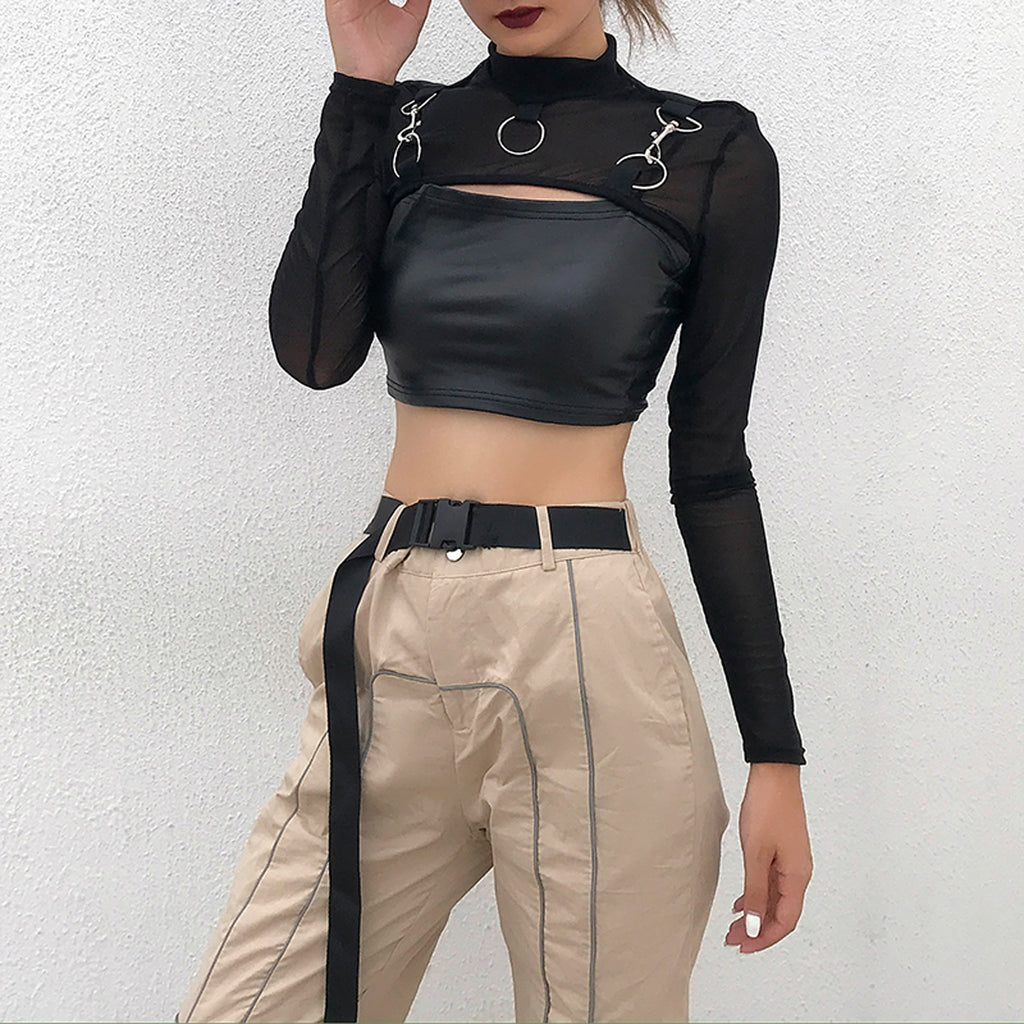 Summer Sexy Mesh See Through T-Shirts Black O-Neck Long Sleeve  Turtleneck Sheer Transparent Short Crop Tops Sexy Club Party Top