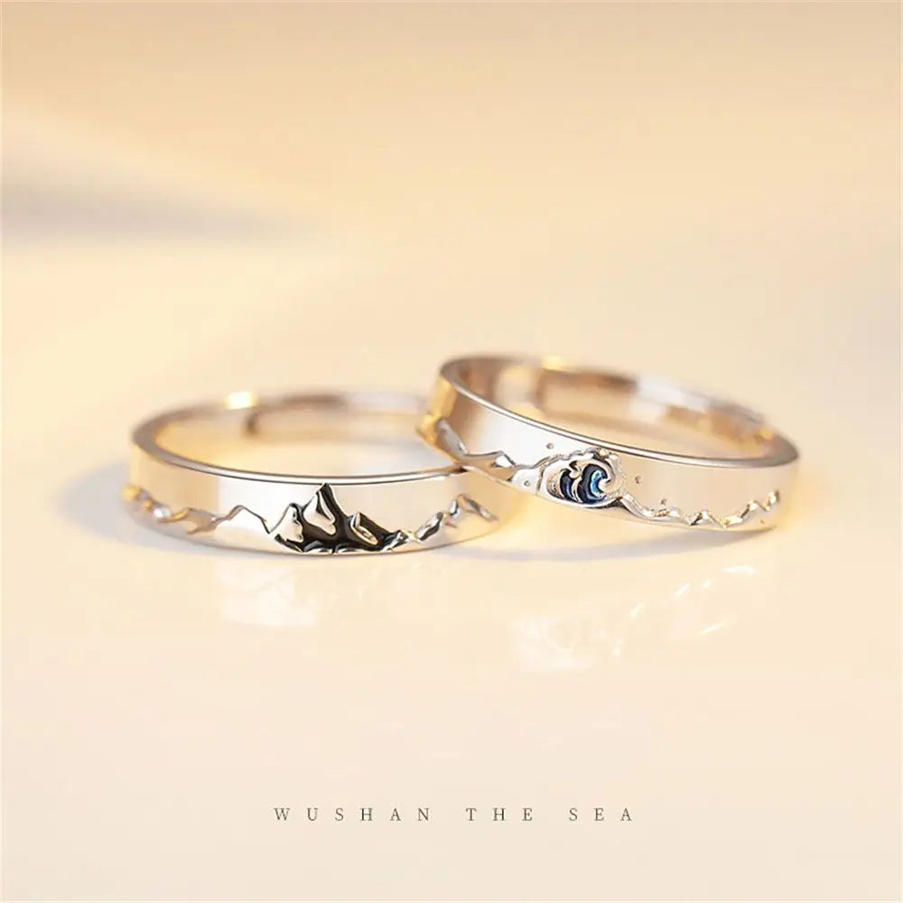 Fashion Couple S925 Silver Plated Personality Epoxy Mountain and Sea Adjustable Rings Love Anniversary Gift