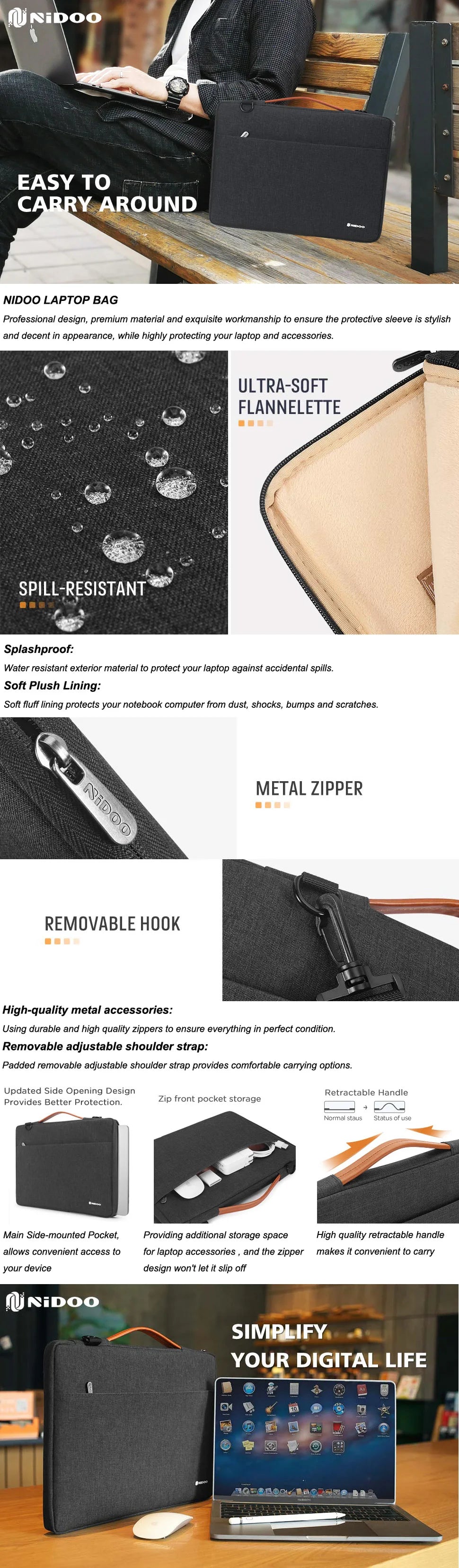NIDOO Laptop Bag Sleeve 10 13 14 15.6 Inch Waterproof Notebook Case For Macbook Air Pro Computer Shoulder Handbag Briefcase