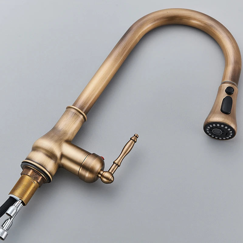 Antique Brass Kitchen Faucet Pull Out Kitchen Sink Faucet Single Handle Faucet 360 Rotate Kitchen Tap Hot Cold Water Mixer Crane