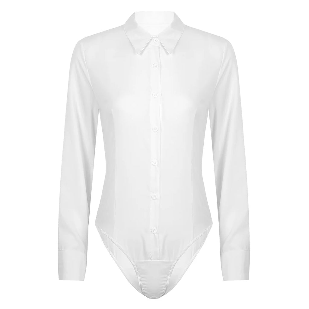 Women Office Lady Work White Bodysuit Long Sleeve OL Shirt Leotard Women's Clothing Female Turn Down Collar Tops Body Blouse
