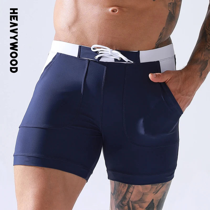 Men Stretch Swim Trunks Quick Dry Swimwear Swimsuits Beach Shorts with Pockets Surf Bathing Suit Water Sports Pants