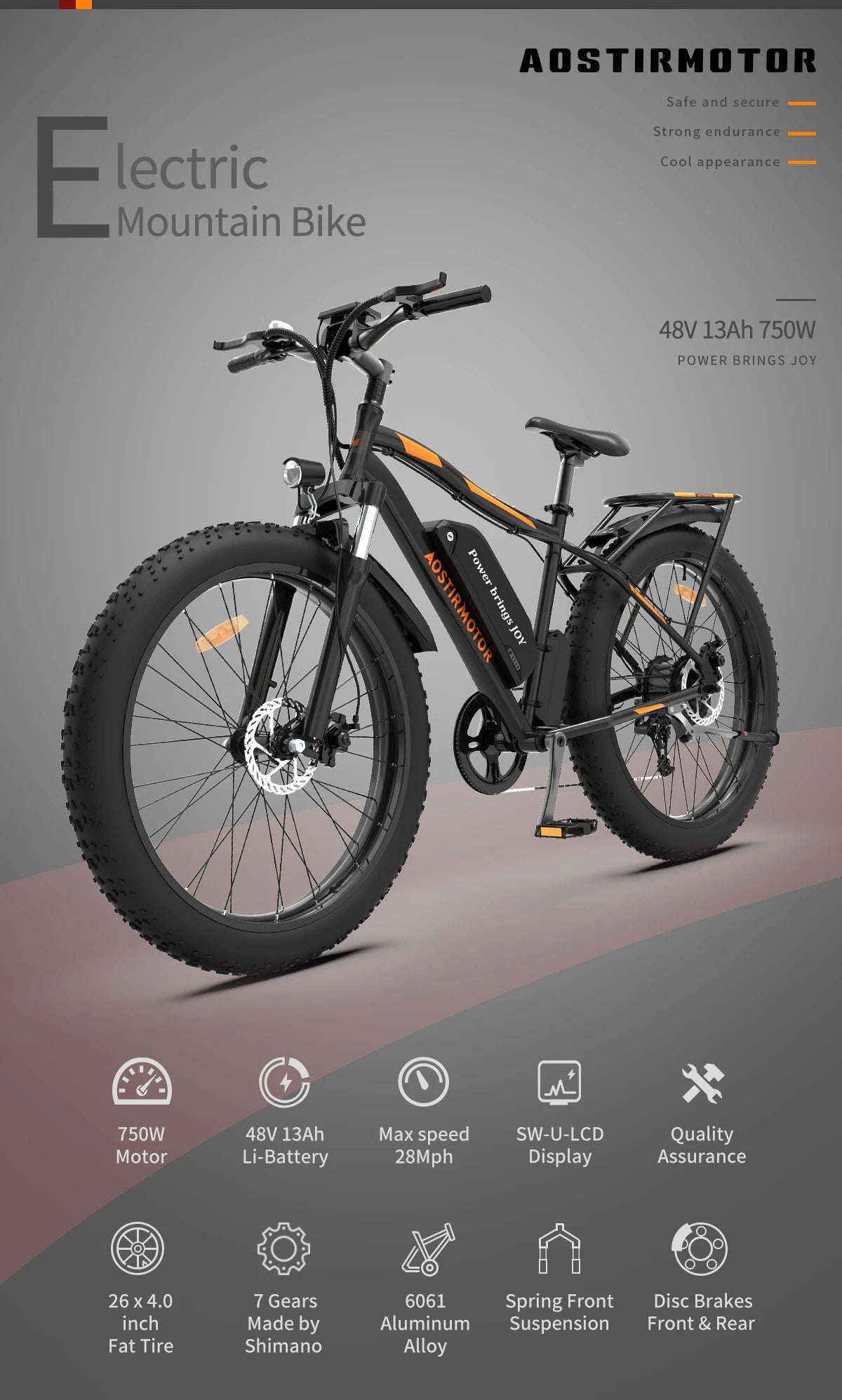 AOSTIRMOTOR S07-B 48V 13Ah Lithium Battery 750W Motor Ebike Electric Mountain Bicycle