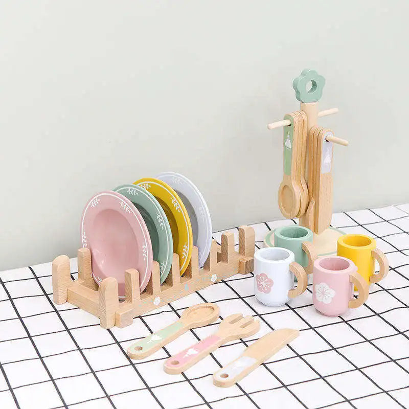 Children Role Pretend Tableware Set Simulation Kitchen Accessories Toy for Kids Dinnerware Wooden Role Play Toys